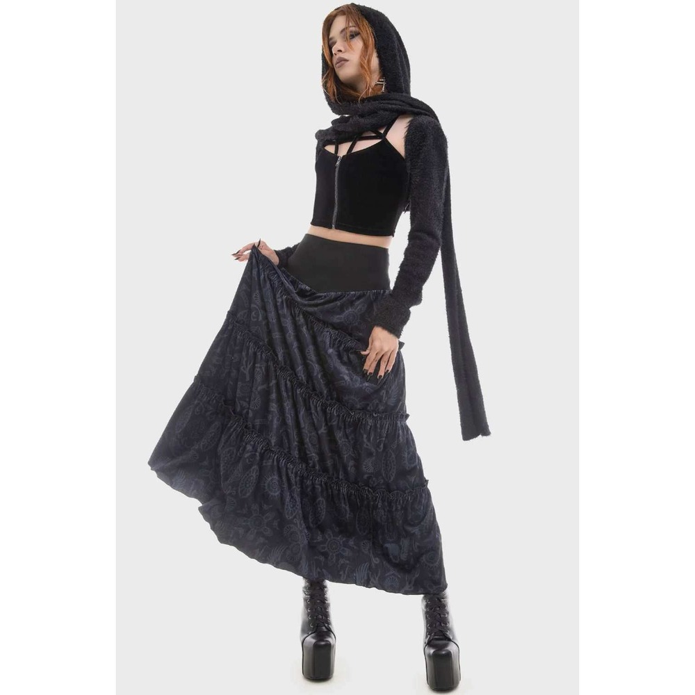 Killstar Half Vamp Maxi Skirt Black Tiered Gothic Damask Print Size Large